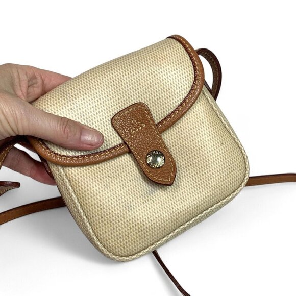 Vintage Dooney & Bourke Small Front Flap Crossbody Bag Beige Canvas Tan Trim - Picture 10 of 11